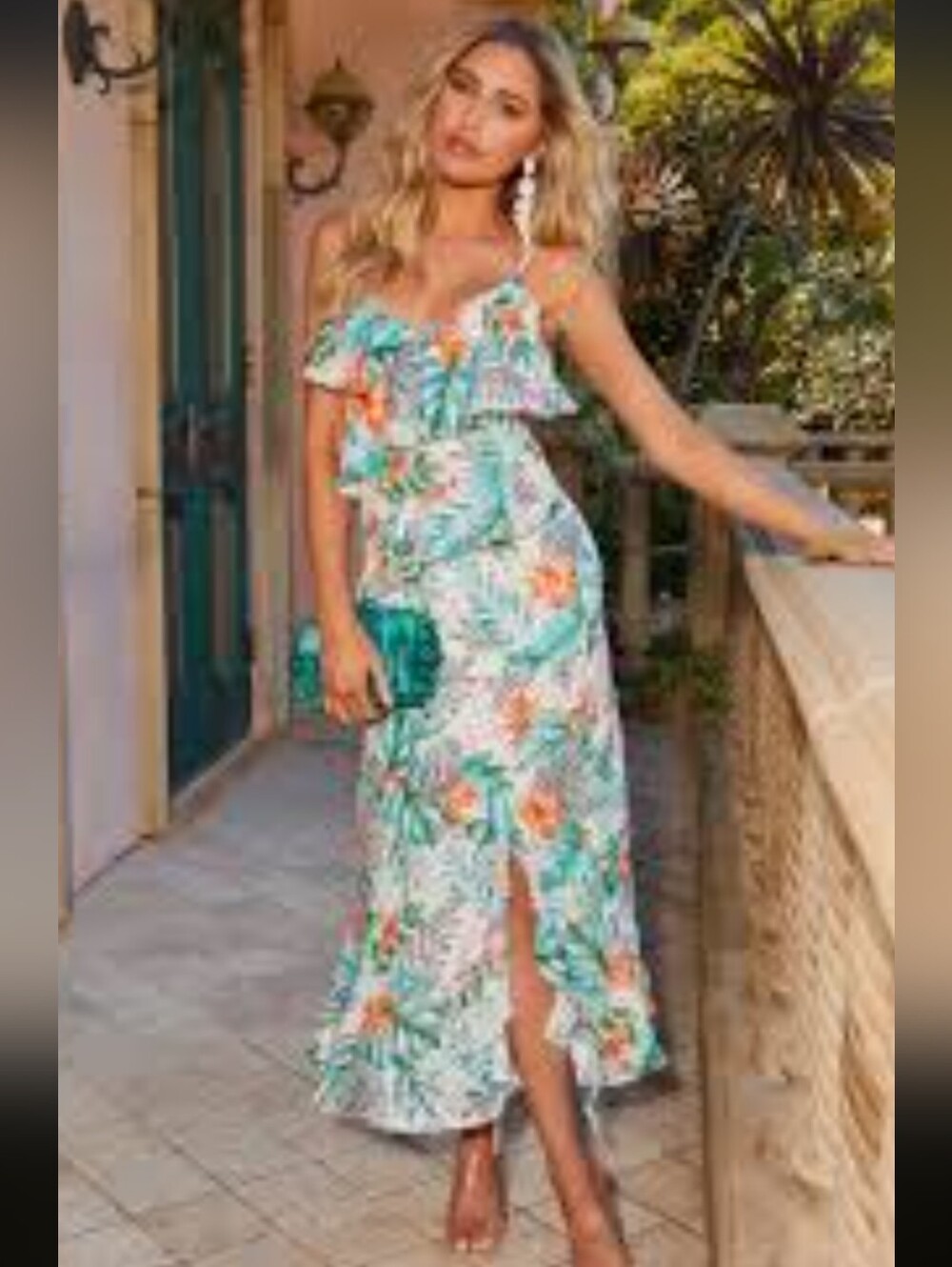 Vici Tropical Floral Ruffle Maxi Dress in White, Green & Coral
